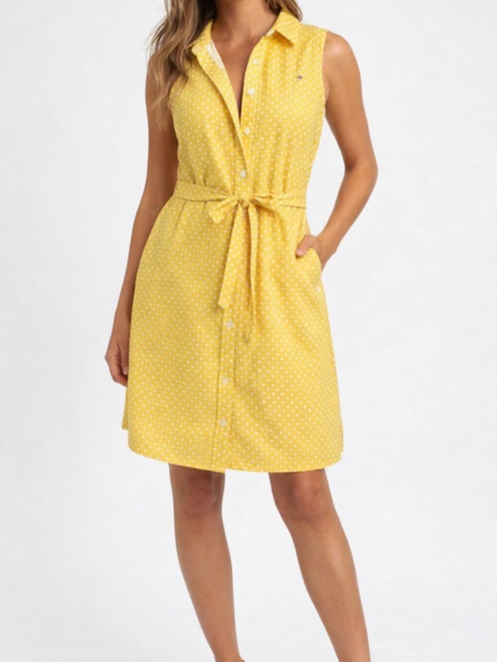 Tommy Hilfiger Yellow Polka Dot Sundress Size12 Button Front Belt Pockets Summer - Picture 1 of 9